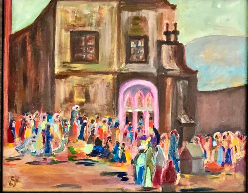 Gathering at the Glowing Door — oil painting by Karin Kepler Springer